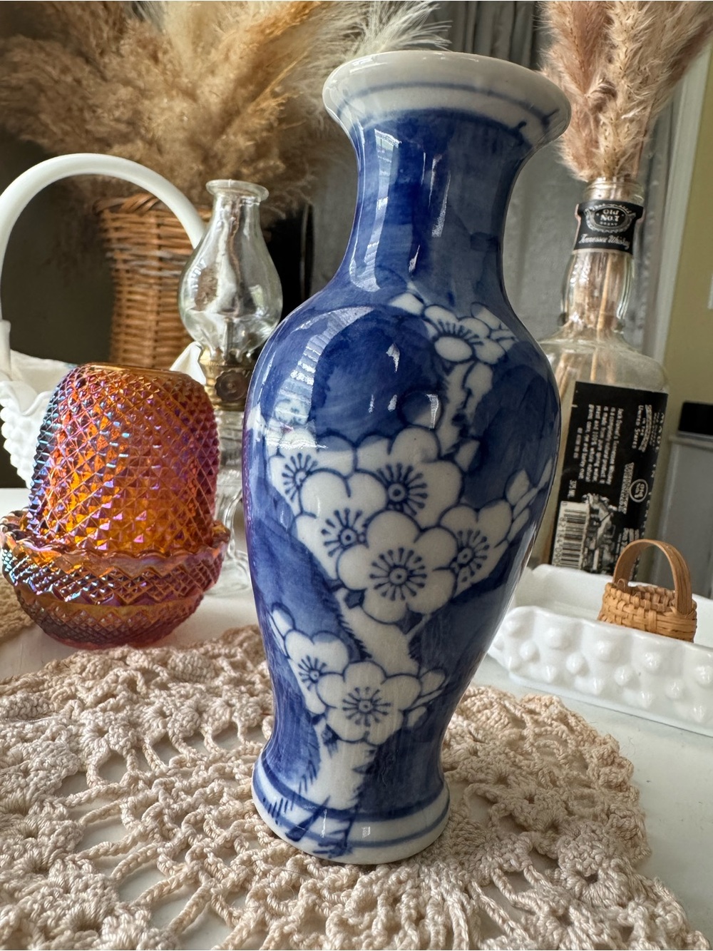 Blue and White Floral Porcelain Vase Chinoserie - Picture 2 of 3